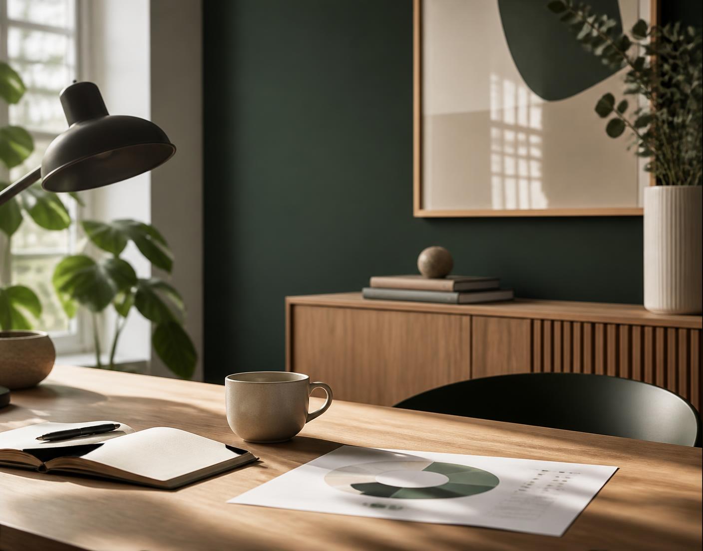 Arbeidsbord med notatbok, kaffe og en utskrevet strategianalyse